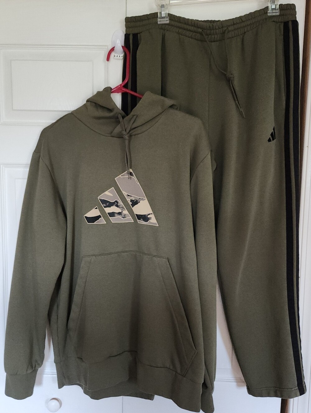 ADIDAS Camo Big Logo Hoodie & 3 Stripe Fleece Pant Olive Strata Unisex Size L
